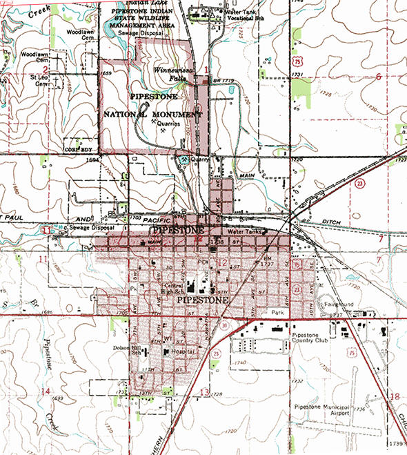 Topographic map of the Pipestone Minnesota area