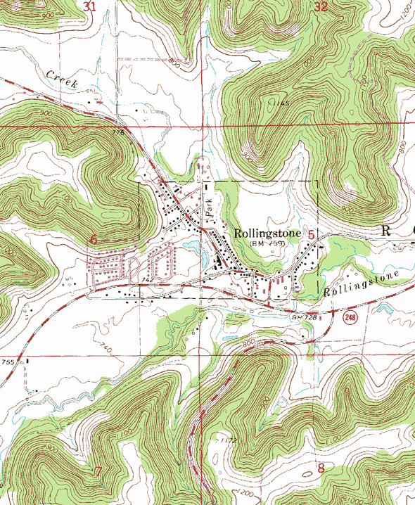 Topographic map of the Rollingstone Minnesota area