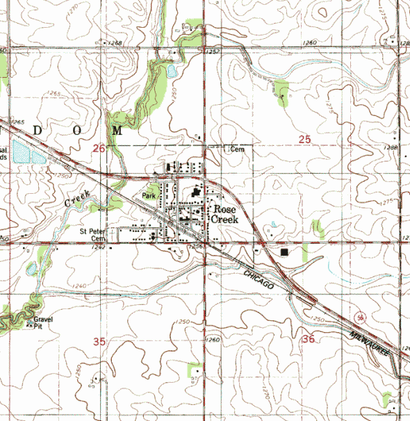 Topographic map of the Rose Creek Minnesota area