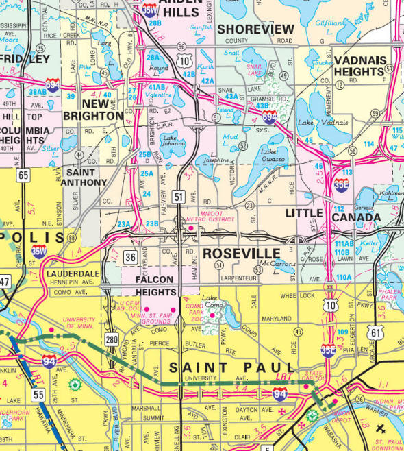 Minnesota State Highway Map of the Roseville Minnesota area 