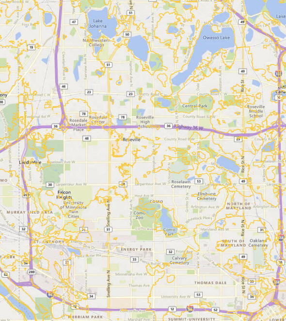 Topographic map of the Roseville Minnesota area