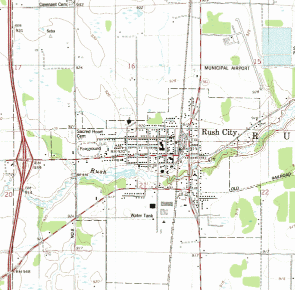 Topographic map of the Rush City Minnesota area