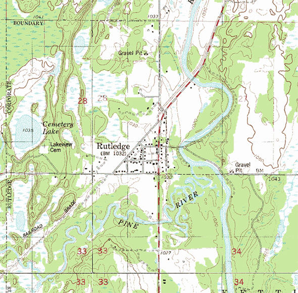 Topographic map of the Rutledge Minnesota area