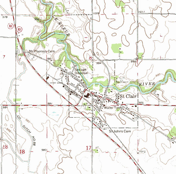Topographic map of the St. Clair Minnesota area