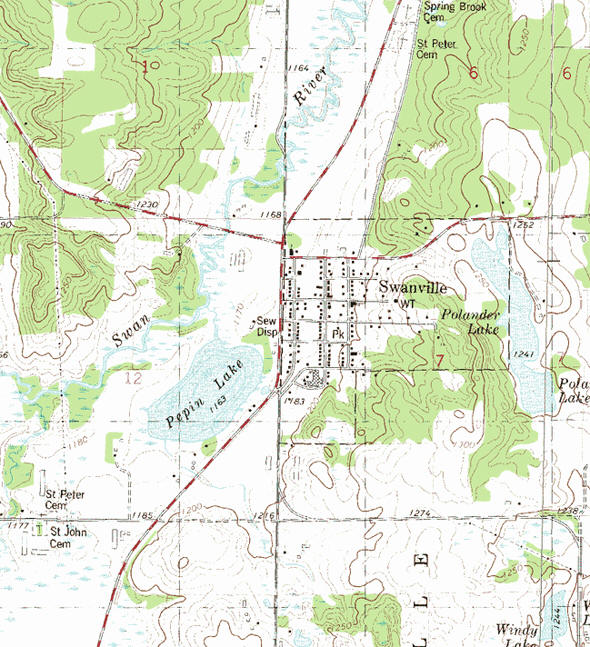 Topographic map of the Swanville Minnesota area