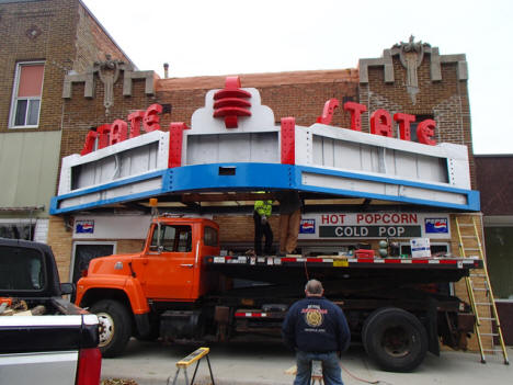 Newly refurbished marque being installed at the State Theatre. Windom, Minnesota 2013