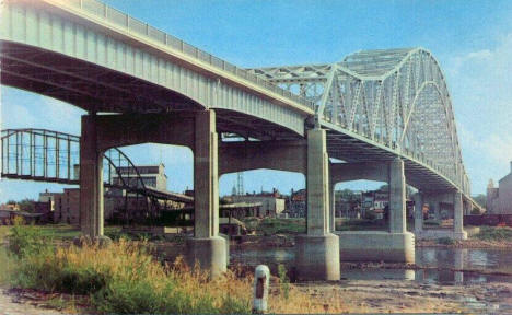 New Mississippi River Bridge next to old Spiral Bridge, Hastings, Minnesota, 1951
