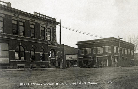 State Bank and the Lewis Block in Lakefield, Minnesota, 1918.