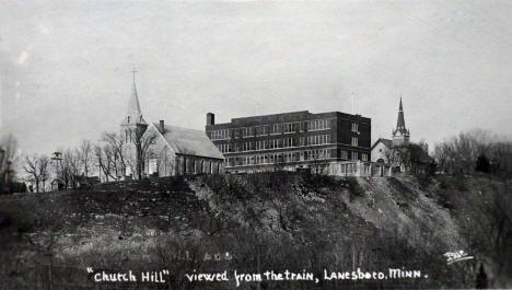 Church Hill viewed from the train, Lanesboro, Minnesota, 1920