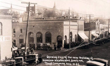 Opening day of the new building of Scanlan Hubberstad Bank and Trust, Lanesboro, Minnesota, 1923