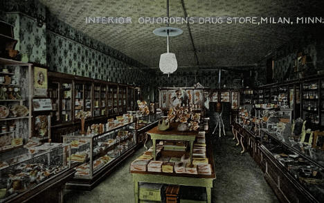 Opjorden's Drug Store in Milan, Minnesota, 1910s