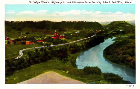 Birds-eye view of US Highway 61 and Minnesota State Training School, Red Wing, Minnesota, 1930s